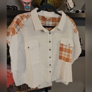 POL White and Orange Plaid Button-Up Shirt W/Pocket, Size XL. NWOT